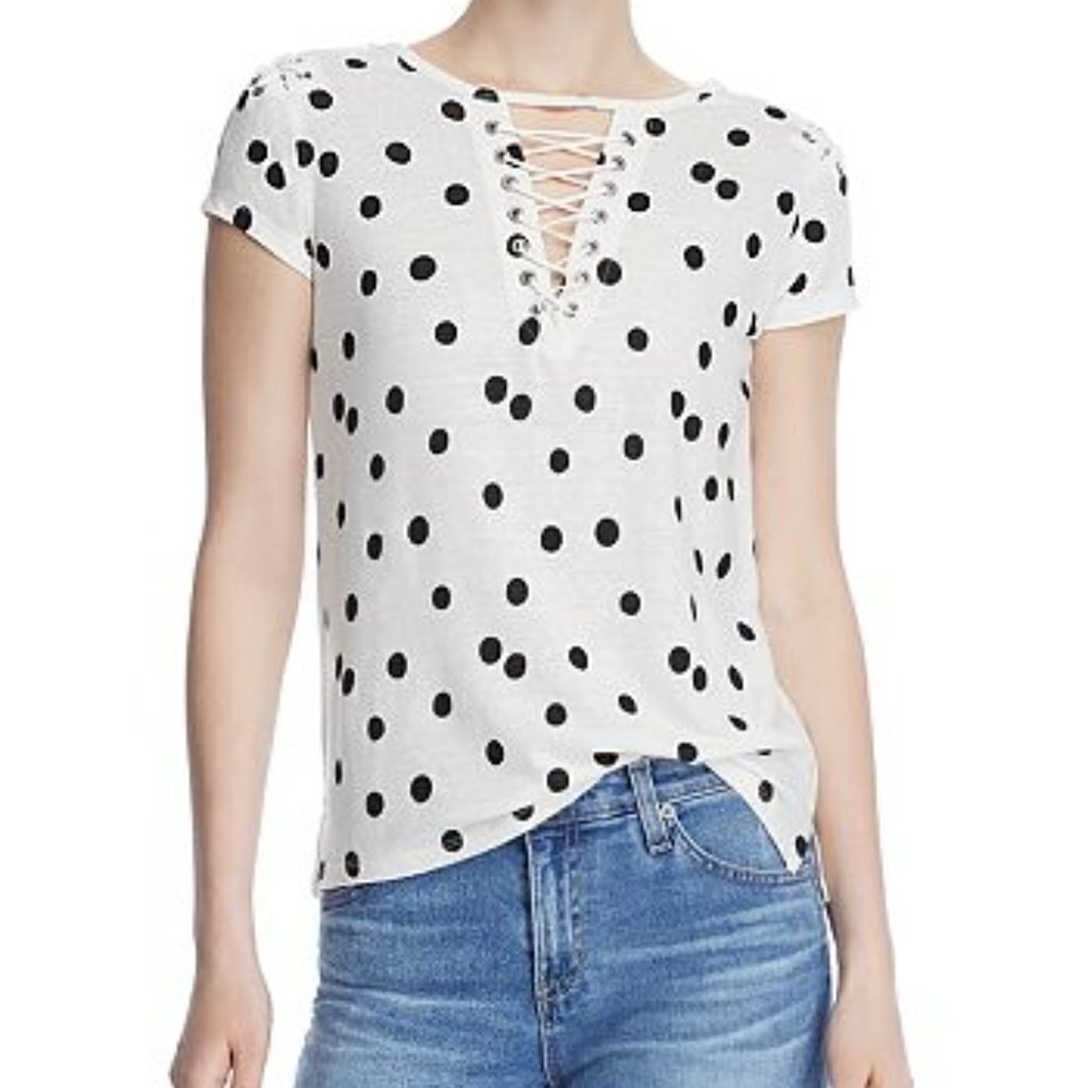 GENERATION LOVE Hugo Polka Dot Lace Up Linen Blend‎ Tee